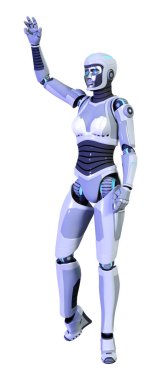 Beyaz arka planda izole edilmiş bir kadın robotun 3 boyutlu canlandırması