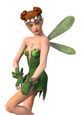 Beyaz arkaplanda izole edilmiş bir bahar perisinin 3 boyutlu canlandırması