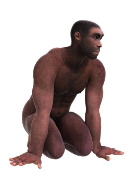 Beyaz arka plan üzerinde izole erkek bir Homo Erectus oturan 3D render