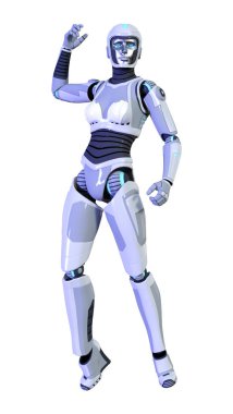 Beyaz arka planda izole edilmiş bir kadın robotun 3 boyutlu canlandırması