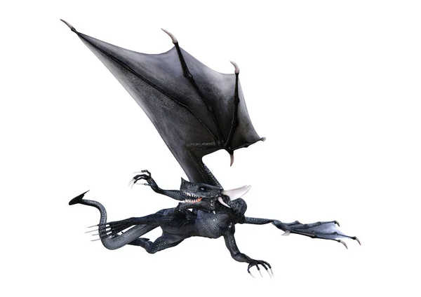 Візуалізація Чорного Казкового Дракона Ізольовано Білому Тлі — стокове фото