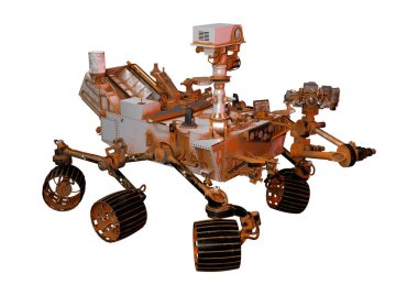 Beyaz arka plan üzerinde izole bir Mars rover uzay aracı 3D render