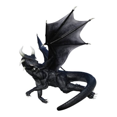 Beyaz arka plan üzerinde izole bir siyah masal ejderha 3D render