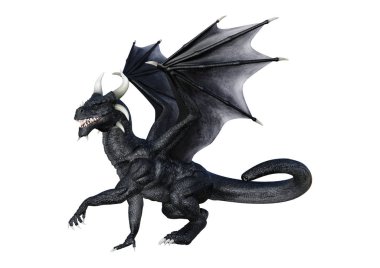 Beyaz arka plan üzerinde izole bir siyah masal ejderha 3D render