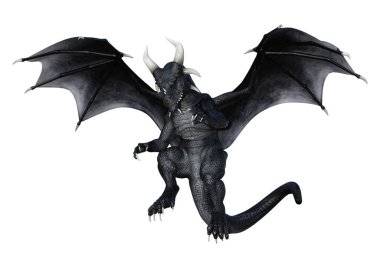 Beyaz arka plan üzerinde izole bir siyah masal ejderha 3D render