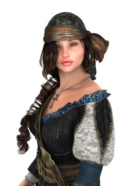 Beyaz arka plan üzerinde izole bir korsan kadının 3D render