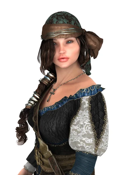 Renderização Uma Mulher Pirata Isolada Fundo Branco — Fotografia de Stock