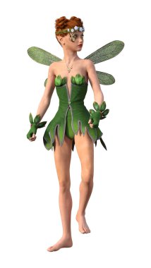 Beyaz arkaplanda izole edilmiş bir bahar perisinin 3 boyutlu canlandırması