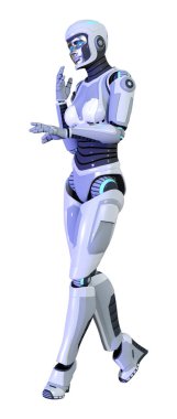 Beyaz arka planda izole edilmiş bir kadın robotun 3 boyutlu canlandırması