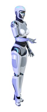 Beyaz arka planda izole edilmiş bir kadın robotun 3 boyutlu canlandırması