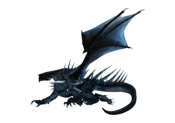 Візуалізація Чорного Казкового Дракона Ізольовано Білому Тлі — стокове фото