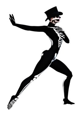 Cadılar Bayramı partisi için iskelet kostüm giyen genç bir kadının beyaz arka planda 3 boyutlu görüntüsü.