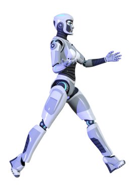 Beyaz arka planda izole edilmiş bir kadın robotun 3 boyutlu canlandırması