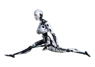 Beyaz arka planda izole edilmiş bir kadın robotun 3 boyutlu canlandırması