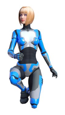 Beyaz arka planda izole edilmiş bir kadın robotun 3 boyutlu canlandırması