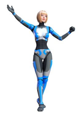 Beyaz arka planda izole edilmiş bir kadın robotun 3 boyutlu canlandırması