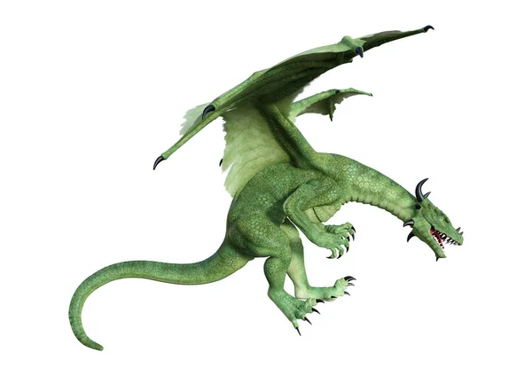 Візуалізація Зеленого Казкового Дракона Ізольовано Білому Тлі — стокове фото