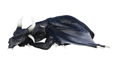 Beyaz arka plan üzerinde izole bir siyah masal ejderha 3D render