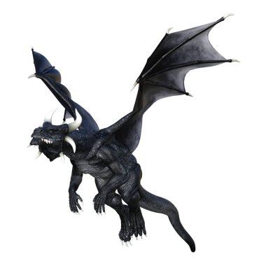 Beyaz arka plan üzerinde izole bir siyah masal ejderha 3D render