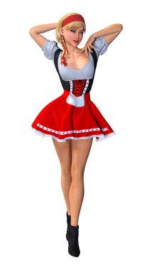 Beyaz arka plan üzerinde izole geleneksel Alman dirndl giyen güzel bir Octoberfest kız 3D render