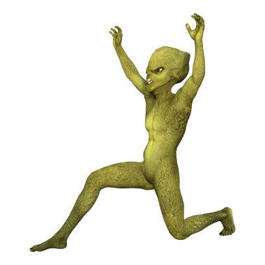 Beyaz arka planda izole edilmiş yeşil bir uzaylının 3 boyutlu görüntüsü