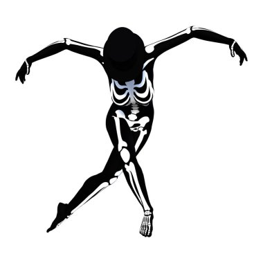 Cadılar Bayramı partisi için iskelet kostüm giyen genç bir kadının beyaz arka planda 3 boyutlu görüntüsü.