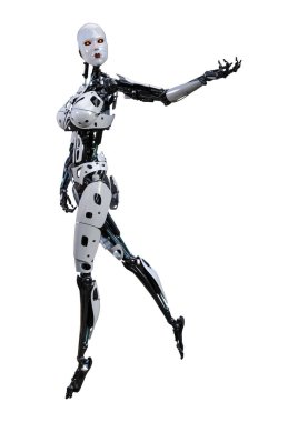 Beyaz arka planda izole edilmiş bir kadın robotun 3 boyutlu canlandırması