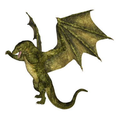 Beyaz arka planda izole edilmiş bir fantezi ejderhanın 3 boyutlu canlandırması