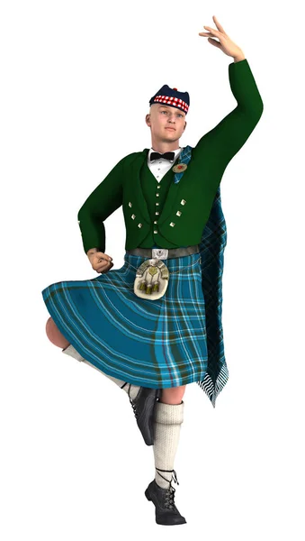Рендеринг Горца Шотландском Килте Танцующего Белом Фоне — стоковое фото