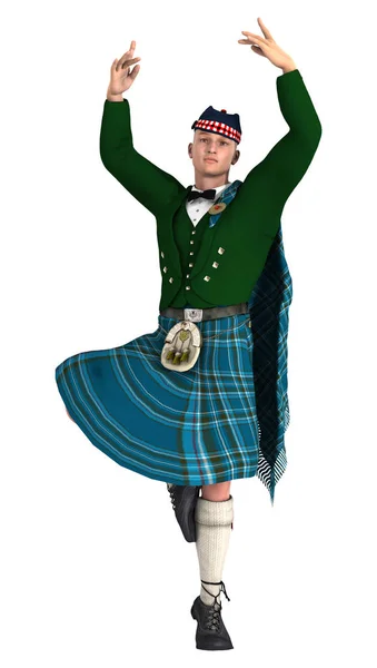 Рендеринг Горца Шотландском Килте Танцующего Белом Фоне — стоковое фото