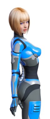 Beyaz arka planda izole edilmiş bir kadın robotun 3 boyutlu canlandırması