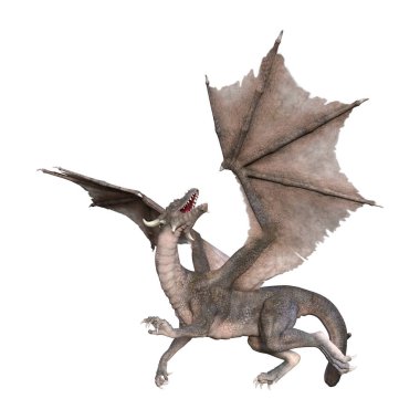 Beyaz arka planda izole edilmiş bir fantezi ejderhanın 3 boyutlu canlandırması