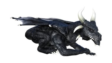 Beyaz arka plan üzerinde izole bir siyah fantezi ejderha 3D render