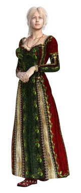 bir güzel peri masalı Prenses 3D render kırmızı bir elbise üzerinde izole beyaz arka plan