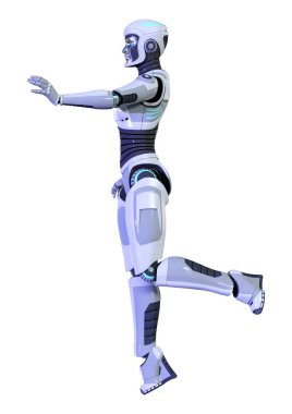 Beyaz arka planda izole edilmiş bir kadın robotun 3 boyutlu canlandırması