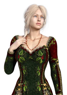 bir güzel peri masalı Prenses 3D render kırmızı bir elbise üzerinde izole beyaz arka plan