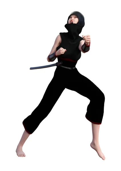 Weergave Van Een Vrouwelijke Ninja Geïsoleerd Witte Achtergrond — Stockfoto