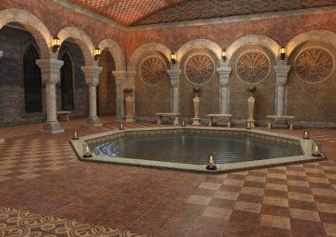 havuzlu bir masal kalesi 3D render