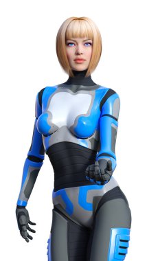 Beyaz arka planda izole edilmiş bir kadın robotun 3 boyutlu canlandırması