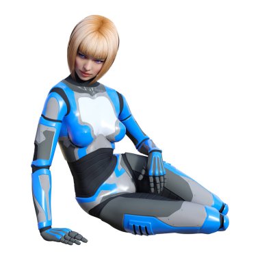 Beyaz arka planda izole edilmiş bir kadın robotun 3 boyutlu canlandırması