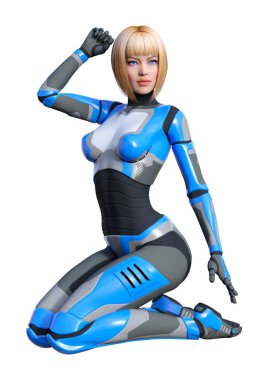 Beyaz arka planda izole edilmiş bir kadın robotun 3 boyutlu canlandırması