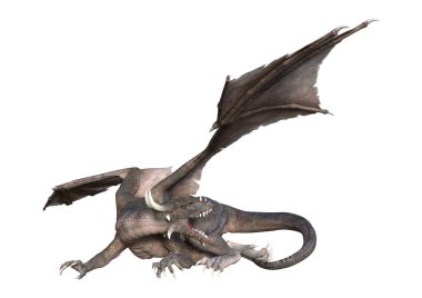 Beyaz arka planda izole edilmiş bir fantezi ejderhanın 3 boyutlu canlandırması