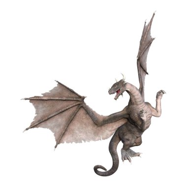 Beyaz arka planda izole edilmiş bir fantezi ejderhanın 3 boyutlu canlandırması