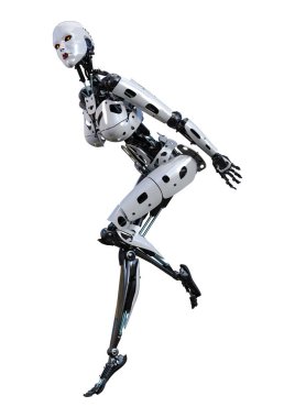 Beyaz arka planda izole edilmiş bir kadın robotun 3 boyutlu canlandırması