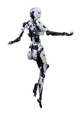 Beyaz arka planda izole edilmiş bir kadın robotun 3 boyutlu canlandırması