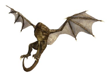 Beyaz arka planda izole edilmiş bir fantezi ejderhanın 3 boyutlu canlandırması