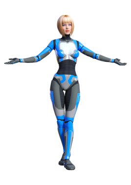 Beyaz arka planda izole edilmiş bir kadın robotun 3 boyutlu canlandırması