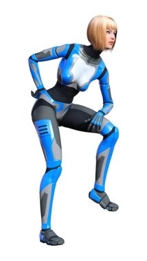 Beyaz arka planda izole edilmiş bir kadın robotun 3 boyutlu canlandırması