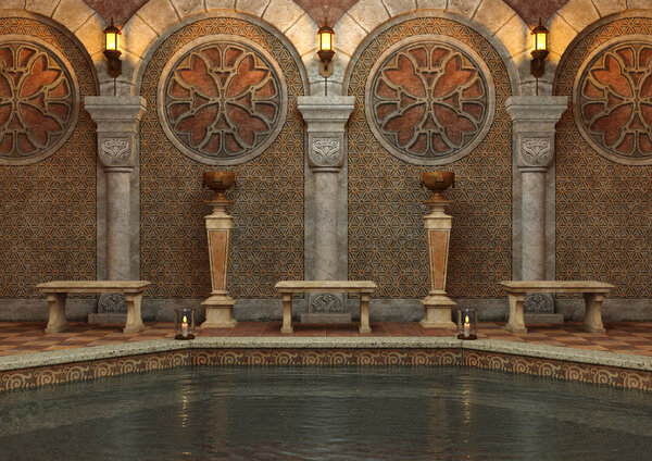 3D rendering of a fairy tale castle with a pool