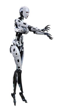Beyaz arka planda izole edilmiş bir kadın robotun 3 boyutlu canlandırması